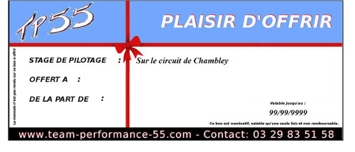 Chèque cadeau 199 €uros - Stage Perf Conduite Chambley