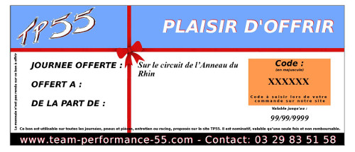 Chèque cadeau 200 €uros - Journée Circuit Anneau du Rhin